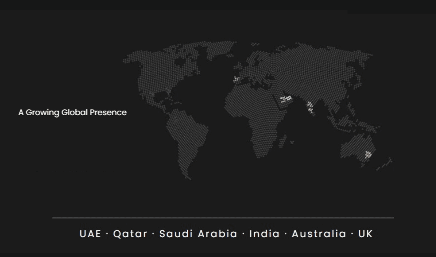 A Growing Global Presence - highlighting UAE, Qatar, Saudi Arabia, India, Australia, and UK